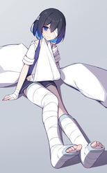  absurdres bandages blue_eyes blue_hair blue_skirt blue_vest bob_cut broken_leg cast closed_mouth female full_body grey_background highres honkai_(series) honkai_impact_3rd leg_cast looking_at_viewer medium_hair neprbq pillow school_uniform seele_vollerei seele_vollerei_(swallowtail_phantasm) shadow short_sleeves simple_background skirt soles solo toes vest 