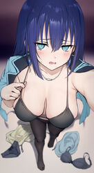  @_@ aqua_eyes arm_up bikini bikini_top_only black_bikini black_bra black_panties blue_gemstone blue_hair blue_jacket blurry blurry_background blush bra breasts brown_pantyhose cleavage clothes_on_floor collarbone depth_of_field earrings engage_kiss female from_above full_body gem gradient_background hair_between_eyes halterneck haoni highres jacket jacket_on_shoulders jewelry large_breasts long_hair looking_at_viewer necklace outstretched_arm panties pantyhose parted_lips perspective selfie skindentation solo standing strap_pull sweat sweatdrop swimsuit thighhighs underwear unworn_bra unworn_clothes unworn_panties yuugiri_ayano 