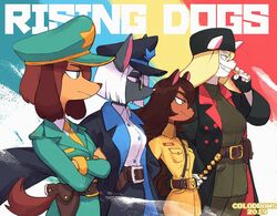  anthro belt brown_hair canid canine canis clothed clothing colo domestic_dog eyewear female fur glasses group hair headgear headwear helena_richter mammal melee_weapon military misha_(colo) rouge_(colo) smile sword uniform weapon 