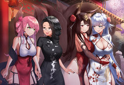  4girls absurdres aerial_fireworks akagi_(azur_lane) animal_ears architecture azur_lane china_dress chinese_clothes cleavage_cutout clothing_cutout commission cowboy_shot dress east_asian_architecture english_commentary female_commander_(azur_lane) fireworks flower fox_ears fox_girl fox_tail hair_flower hair_ornament highres irkawaza kitsune kyuubi memphis_(azur_lane) multiple_girls multiple_tails shoukaku_(azur_lane) side_slit tail 