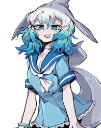  absurdres blue_eyes blue_hair blush bracelet breasts cetacean_tail choker cleavage collarbone common_bottlenose_dolphin_(kemono_friends) dolphin_girl female fins fish_tail grey_hair highres jewelry kanmoku-san kemono_friends looking_at_viewer medium_breasts medium_hair open_mouth short_sleeves simple_background smile solo tail white_background white_hair 