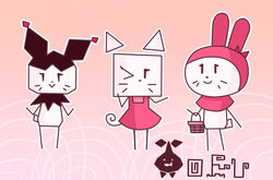  ambiguous_species anthro basket clothing container crossover domestic_cat dress felid feline felis female female/female floating_ears fool&#039;s_hat fur group hat headgear headwear hello_kitty_(character) hello_kitty_(series) hoodie kuromi lagomorph leporid mammal mario_bros mouthless my_melody nintendo one_eye_closed onegai_my_melody pacheri paper_mario pink_clothing pink_dress pink_hoodie pink_topwear rabbit ribbons sanrio smile stick_arms stick_legs topwear trio whiskers white_body white_fur 