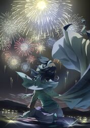  absurdres cape commentary_request crying crying_with_eyes_open female fireworks floating_cape highres looking_up mountainous_horizon multicolored_clothes night night_sky on_floor open_mouth otomeza_ryuseigun protected_link short_hair sitting sky solo tears tenkyuu_chimata touhou 