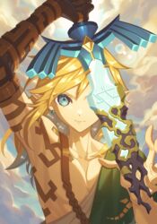  1boy archaic_set_(zelda) arm_up broken broken_sword broken_weapon closed_mouth day earrings green_eyes hand_up holding holding_sword holding_weapon jewelry link long_hair looking_at_viewer male_focus master_sword miri_(cherryjelly) outdoors pointy_ears solo sword the_legend_of_zelda the_legend_of_zelda:_tears_of_the_kingdom upper_body weapon 