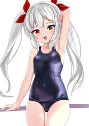  arm_up armpits azur_lane blue_one-piece_swimsuit breasts commentary_request covered_navel dedorudy female grey_hair highres long_hair looking_at_viewer oerba_yun_fang old_school_swimsuit one-piece_swimsuit open_mouth red_eyes ribbon school_swimsuit simple_background slit_pupils small_breasts smile solo swimsuit thigh_gap thighs twintails vampire_(azur_lane) white_background 