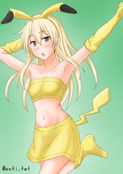  anti_(untea9) bandeau blonde_hair boots commentary_request cosplay cowboy_shot elbow_gloves female gloves gradient_background green_background grey_eyes highres kantai_collection long_hair looking_at_viewer midriff miniskirt pikachu pikachu_(cosplay) pikachu_costume pikachu_ears pikachu_tail pokemon pokemon_ears pokemon_tail pose shimakaze_(kancolle) skirt solo tail triangle_mouth twitter_username yellow_bandeau yellow_footwear yellow_gloves yellow_skirt yellow_tail 