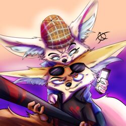  1:1 2020 absurd_res aggretsuko anthro baseball_bat bat_(object) brown_body brown_fur canid canine cellphone clothed clothing crossover disney duo electronics eyewear fennec_fox fenneko finnick_(zootopia) fox fully_clothed fur hat headgear headwear hi_res holding_cellphone holding_object holding_phone inner_ear_fluff jaff96 mammal phone sanrio simple_background sunglasses tan_body tan_fur true_fox tuft zootopia 