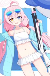  :d absurdres ahoge bad_id bad_pixiv_id beretta_1301 bikini blue_archive blue_jacket collarbone commentary_request eyewear_on_head female frilled_bikini frills gun hair_between_eyes hair_bobbles hair_ornament heterochromia highres holding holding_gun holding_weapon hood hooded_jacket hoshino_(blue_archive) hoshino_(swimsuit)_(blue_archive) jacket long_hair looking_at_viewer low_twintails multicolored_hair navel official_alternate_costume paralier pink_hair sidelocks simple_background smile solo spaghetti_strap stomach sunglasses sweatdrop sweater_jacket swimsuit twintails two-tone_hair weapon white_bikini 