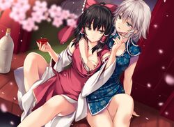  2girls absurdres arm_around_shoulder bare_arms black_hair blue_dress blue_eyes blurry bottle bow braid breasts brown_eyes cherry_blossoms china_dress chinese_clothes commentary_request cup detached_sleeves dress dutch_angle feet_out_of_frame frilled_bow frills grabbing grabbing_another&#039;s_breast grey_hair hair_between_eyes hair_tubes hairbow hakurei_reimu hand_under_dress highres holding holding_cup izayoi_sakuya looking_at_another maid_day monety multiple_girls parted_lips petals red_bow red_dress sakazuki short_dress short_hair sitting smile touhou twin_braids yuri 