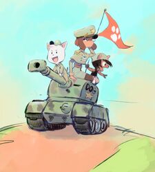  anthro armored_vehicle belt bottomwear brown_hair canid canine canis clothed clothing colo digital_media_(artwork) domestic_dog female flag fur group gumbo_(colo) hair hat headgear headwear male mammal military military_uniform misha_(colo) tank uniform vehicle white_body white_fur 