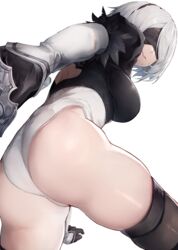  2b_(nier:automata) absurdres ass back_cutout black_gloves black_hairband blindfold breasts clothing_cutout covered_eyes feather-trimmed_sleeves female gloves hairband highres juliet_sleeves katana large_breasts leotard long_sleeves megu_(pixiv9460065) mole mole_under_mouth nier:automata nier_(series) puffy_sleeves short_hair solo swept_bangs sword thighhighs thighs virtuous_contract weapon white_hair white_leotard 