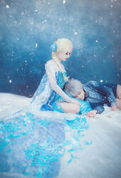  1boy cosplay crossover elsa_(frozen) female frozen_(disney) jack_frost_(rise_of_the_guardians) photo rise_of_the_guardians sequins 