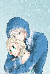  1boy blue_eyes crossover elsa_(frozen) female frozen_(disney) hug hug_from_behind jack_frost_(rise_of_the_guardians) rise_of_the_guardians snow white_hair 