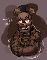  animatronic bear bow_tie claws closed_eyes clothing conditional_dnp ebonychimera english_text five_nights_at_freddy&#039;s five_nights_at_freddy&#039;s_4 freddles glowing glowing_eyes hat headgear headwear hi_res machine male mammal nightmare_freddy_(fnaf) robot scottgames sleeping smile text young 