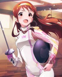  :d artist_request blush brown_eyes brown_hair epee female fencing fencing_suit hairband heart helmet idolmaster idolmaster_million_live! long_hair looking_at_viewer official_art open_mouth pistol_grip_(fencing) smile solo sweat tanaka_kotoha 