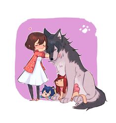  2boys 2girls ame_(ookami_kodomo) animal_ears beard black_hair closed_eyes facial_hair family father_and_daughter father_and_son hana_(ookami_kodomo) highres hug long_hair messy_hair mother_and_daughter mother_and_son multiple_boys multiple_girls ookami_kodomo_no_ame_to_yuki ookami_otoko short_hair siblings smile tail wolf wolf_ears wolf_tail yuki_(ookami_kodomo) 