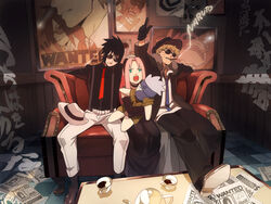  2boys black_dress black_hair blonde_hair bowler_hat casual character_doll cigarette coffee commentary_request couch cup dark dress female frog gamakichi_(naruto) green_eyes hand_on_head hat hatake_kakashi indoors killer_bee long_hair multiple_boys naruto naruto_(series) naruto_shippuuden necktie oba-min orochimaru_(naruto) photoshop_(medium) pink_hair poster_(object) sakura_haruno short_hair smoking sunglasses suspenders table teacup uchiha_madara uchiha_obito uchiha_sasuke uzumaki_naruto wainscoting wanted yakushi_kabuto 