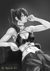  abs artist_name bare_arms bare_shoulders breasts choker cleavage commentary crop_top female greyscale hair_between_eyes hair_over_shoulder hand_up highres leaning_back long_hair looking_at_viewer medium_breasts monochrome navel o-ring open_fly pants parted_lips purple_eyes robusta_mania side_ponytail simple_background sitting solo sousou_no_frieren spot_color teeth toned ubel_(sousou_no_frieren) 