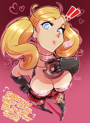  absurdres blonde_hair blue_eyes breasts choker doughnut female fishnet_pantyhose fishnets food gloves haysey highres lips pantyhose persona persona_5 persona_5:_dancing_star_night persona_dancing solo standing takamaki_anne twintails 