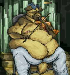  baseball_cap belly belly_overhang big_belly bottomwear bowed_string_instrument brown_body brown_fur canid canine canis closed_eyes clothing denim denim_bottomwear denim_clothing domestic_dog double_chin fur german_shepherd hat headgear headwear herding_dog jeans male mammal moobs musical_instrument musician obese overweight overweight_male pants pastoral_dog playing_music playing_violin solo southernyote string_instrument tan_body tan_fur violin 