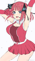  alternate_costume armpits arms_up belt black_ribbon blue_eyes blunt_bangs blush breasts butterfly_hair_ornament choker cleavage commentary elbow_gloves eyebrows_hidden_by_hair eyelashes female flying_sweatdrops gloves go-toubun_no_hanayome hair_ornament hair_ribbon happy heart highres idol irarei_(araisanblog) large_breasts looking_at_viewer medium_hair miniskirt nakano_nino open_mouth paid_reward_available pink_hair pleated_skirt red_gloves red_shirt red_skirt ribbon round_teeth shirt sidelocks simple_background skirt sleeveless sleeveless_shirt solo standing straight_hair sweat teeth thighs throat_microphone twitter_username two_side_up upper_teeth_only v v_over_eye web_address white_background white_belt white_choker wind wind_lift 