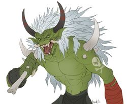  bandai_namco clothed clothing digimon digimon_(species) ear_piercing ear_ring galehowl hair horn long_hair looking_at_viewer male muscular ogremon open_mouth piercing ring_piercing skull_and_crossbones solo spikes tongue topless white_hair 