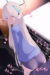  1boy ass blue_archive blurry blurry_background buruma commentary dry_humping female grey_hair gym_storeroom gym_uniform halo headphones heart highres humping indoors long_hair looking_at_viewer looking_back mechanical_halo noa_(blue_archive) panties panties_under_buruma purple_eyes smile solo_focus standing tonomiya68 underwear very_long_hair 