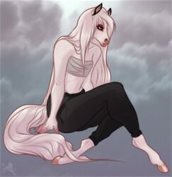  anthro aris_(fluffymare) bottomwear clothed clothing digital_media_(artwork) equid equine female fluffymare fur hair horse mammal simple_background sitting solo topwear 