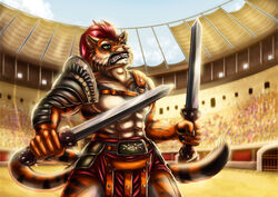  abs anthro arena armor audience belt big_muscles blue_sky catzakir cheek_tuft clenched_teeth clothed clothing day detailed_background dual_wielding facial_tuft felid front_view fur gardbrace gladiator glistening glistening_hair green_eyes group hair harness holding_melee_weapon holding_object holding_sword holding_weapon huge_muscles inner_ear_fluff large_group looking_up male male_focus mammal melee_weapon muscular muscular_male outside pantherine pauldron pecs portrait public pupils red_hair rerebrace roman sharp_teeth sky slit_pupils snarling solo_focus standing striped_body striped_fur stripes sword teeth three-quarter_portrait tiger topless tuft vambrace warrior weapon 