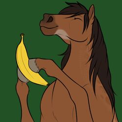  1:1 ambiguous_gender animated banana dolero english_text equid equine feral fluffymare food fruit hair happy hooves horse low_res mammal mane plant short_playtime smile solo text toy 