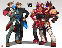  4boys abs alternate_costume armband artist_logo artist_name bara beard belt biceps brown_hair capelet chest_belt clenched_hands collared_jacket collared_shirt cross crossed_arms facial_hair gauntlets gloves guilty_gear guilty_gear_xrd hand_on_another&#039;s_shoulder hand_on_hip headband jacket large_pectorals leg_belt loincloth long_hair looking_at_another male_focus monocle moustache multiple_boys muscular muscular_male na_insoo necktie oerba_yun_fang open_clothes open_jacket pants pectoral_cleavage pectorals pink_hair ponytail shirt shoes slayer_(guilty_gear) smirk sol_badguy spiked_hair sweat sweatdrop tan thick_arms thick_thighs thighs tight vampire vs 