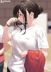  artist_name aya_(jonsun) black_hair blurry blurry_background blush breasts commentary female from_side hair_between_eyes hair_bun jonsun large_breasts original parted_lips red_vest shirt short_hair short_sleeves single_hair_bun solo_focus t-shirt twitter_username unworn_vest vest white_shirt wristband yellow_eyes 