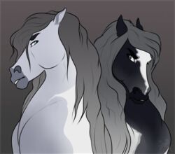  ambiguous_gender blue_eyes duo equid equine feral fluffymare frown frown_eyebrows gabriel_(fluffymare) greyscale hair horse kaige_(fluffymare) mammal mane monochrome spot_color teeth 