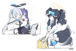  3girls absurdres afterimage animal_ears artist_name bare_shoulders black_gloves black_hair blue_archive blue_eyes blue_necktie blush blush_stickers breasts cheerleader closed_eyes collared_shirt cowboy_shot dog_ears dog_tail eyewear_on_head formal gloves goggles goggles_on_head grey_hair halo headphones hibiki_(blue_archive) hibiki_(cheer_squad)_(blue_archive) highres holding hug hug_from_behind jacket long_hair long_sleeves looking_at_viewer mechanical_halo midriff millennium_cheerleader_outfit_(blue_archive) miniskirt multiple_girls necktie noa_(blue_archive) off_shoulder official_alternate_costume open_clothes open_jacket parted_bangs pom_pom_(cheerleading) purple_eyes purple_hair shaking shirt sidelocks simple_background skirt smile standing suit sweat tail tail_wagging two-sided_fabric two-sided_jacket upper_body white_background white_jacket white_shirt white_suit yutokamizu yuuka_(blue_archive) 