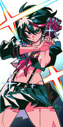  1other absurdres black_hair black_skirt female fingerless_gloves gloves highres kill_la_kill looking_at_viewer margare matoi_ryuuko midriff miniskirt multicolored_hair pleated_skirt red_gloves red_hair senketsu skirt sparkle standing suspender_skirt suspenders 