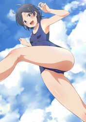  :d absurdres ahoge armpits ass black_hair commentary_request female from_below hair_ornament hairclip highres hikigaya_komachi looking_at_viewer oerba_yun_fang one-piece_swimsuit school_swimsuit short_hair shou937 smile solo swimsuit x_hair_ornament yahari_ore_no_seishun_lovecome_wa_machigatteiru. 