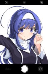  ahoge blue_eyes blue_hair blush breasts chaesu female habit hairband highres huge_ahoge long_hair medium_breasts orie_(under_night_in-birth) phone_screen reaching_out self_shot smile solo under_night_in-birth white_hairband 