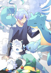  1boy :q alolan_vulpix altaria animal aspear_berry beak berry_(pokemon) bird blue_eyes blue_feathers blue_hair blue_pants blue_shirt cheri_berry crossover cubchoo eating feathers fluffy hair_between_eyes hasegawa_langa highres lapras looking_at_viewer lum_berry male_focus messy_hair munchlax occa_berry pants pokemon pokemon_(creature) shirt short_hair simple_background sk8_the_infinity skateboard snom t-shirt tongue tongue_out uppi white_feathers 