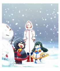  3girls :d =_= black_coat black_hair blue_eyes boots closed_eyes coat duplicate gyosone hands_in_pockets junketsu kamui_(kill_la_kill) kill_la_kill kiryuuin_ragyou kiryuuin_satsuki long_hair matoi_ryuuko mother_and_daughter multicolored_hair multiple_girls open_mouth senketsu shinra-koketsu smile snow snowing snowman spoilers streaked_hair thick_eyebrows white_coat white_hair winter winter_clothes winter_coat 