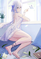  angel angel_wings barefoot blue_bow blue_butterfly blue_eyes book bow bug butterfly choker dress enokitake feet female flower hair_between_eyes hairbow highres indoors lily_(flower) long_hair original parted_lips pillow purple_choker soles solo toes tulip white_dress white_flower white_hair white_lily white_tulip window wings 