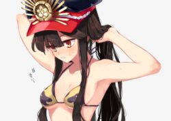  armpits arms_behind_head arms_up bad_id bad_pixiv_id bare_shoulders bikini black_bikini black_hair black_hat blush breasts cleavage collarbone commentary_request crest family_crest fate/grand_order fate_(series) female hat kodamari long_hair medium_breasts oda_nobunaga_(fate) oda_nobunaga_(swimsuit_berserker)_(fate) oda_nobunaga_(swimsuit_berserker)_(second_ascension)_(fate) oda_uri open_mouth peaked_cap red_eyes sidelocks simple_background solo swimsuit translated 