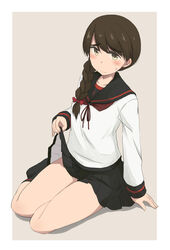  adapted_costume alternate_sleeve_length black_sailor_collar black_skirt black_socks braid brown_eyes brown_hair brown_neckerchief commentary_request female kantai_collection kneehighs kugui_kiyunemu long_hair looking_at_viewer neckerchief pleated_skirt sailor_collar school_uniform serafuku single_braid sitting skirt skirt_hold socks solo uranami_(kancolle) uranami_kai_ni_(kancolle) yokozuwari 