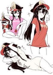  bad_id bad_pixiv_id barefoot black_hair black_headwear blush breasts buster_shirt cellphone chibi clothes_writing collarbone crest family_crest fate/grand_order fate_(series) feet female food hat highres kodamari koha-ace long_hair looking_at_viewer lying medium_breasts mouth_hold multiple_views oda_nobunaga_(fate) oda_nobunaga_(koha-ace) oda_uri on_side panties peaked_cap phone pink_panties pink_shirt popsicle red_eyes red_shirt shirt short_sleeves simple_background sitting smile striped_clothes striped_panties translation_request underwear white_background white_shirt 