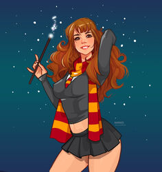  arm_up artist_name black_shirt black_skirt breasts brown_hair cowboy_shot english_commentary female grin hand_up harry_potter_(series) hermione_granger highres holding holding_wand large_breasts long_hair long_sleeves necktie olena_minko red_necktie scarf shirt skirt sleeves_past_wrists smile solo striped_clothes striped_necktie striped_scarf teeth wand watermark wizarding_world 