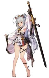  animal_ear_fluff animal_ears animal_print antenna_hair asymmetrical_legwear bare_legs barefoot breasts brown_dust_2 dress feet female full_body hair_between_eyes heel_up holding holding_sword holding_weapon legs long_hair looking_at_viewer nail_polish official_art open_mouth ponytail red_eyes scabbard second-party_source sheath sheathed shiny_skin shrug_(clothing) simple_background sleeveless sleeveless_dress small_breasts smile solo standing strapless strapless_dress sword tail tiger_ears tiger_print tiger_tail tiptoes toenail_polish toenails toes very_long_hair weapon white_background white_hair wide_sleeves yuri_(brown_dust) 