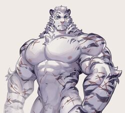  1boy abs animal_ears arknights bara blue_eyes commentary_request furry furry_male highres kerogi_haku large_pectorals male_focus mixed-language_commentary mountain_(arknights) multiple_scars muscular muscular_male nude out-of-frame_censoring pectorals penis_out_of_frame scar scar_across_eye scar_on_arm scar_on_cheek scar_on_chest scar_on_face scar_on_stomach tiger_boy tiger_ears tiger_stripes white_background 