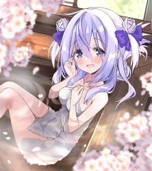  :d absurdres amamiya_shizuku_(hizuki_yayoi) bath blue_bow blue_eyes blue_hair blurry blurry_foreground blush bow breasts collarbone commentary_request depth_of_field double_bun feet_out_of_frame female flower groin hair_between_eyes hair_bun hairbow hands_up highres hizuki_yayoi knees_together_feet_apart long_hair looking_at_viewer md5_mismatch medium_breasts naked_towel original partially_submerged petals smile solo towel two_side_up wavy_mouth white_flower 