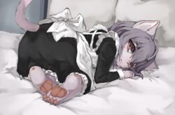  all_fours anthro apron ass bed biped blush bow_apron clothing clothing_bow domestic_cat ear_piercing ear_ring felid feline felis female fur furniture hair hi_res inner_ear_fluff looking_at_viewer maid_uniform mammal on_bed pawpads piercing pillow purple_body purple_fur purple_hair raised_tail rear_view red_eyes ring_piercing solo tail tuft uniform xiao_lijun 