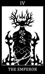  2015 4_horns 7_eyes antlers black_and_white black_border border card card_template chained chains chair chest_eye crown deity demon demon_humanoid digital_drawing_(artwork) digital_media_(artwork) english_text floating_crown fortune_telling furniture grin headgear horn horned_humanoid humanoid king major_arcana male monochrome multi_eye multi_horn roman_numeral royalty scales scalie scp_foundation sharp_teeth silhouette simple_background smile solo sunnyclockwork tarot tarot_card teeth text the_emperor_(tarot) the_scarlet_king_(scp) throne white_background white_text 