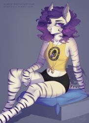  2018 5_fingers anthro asinus biped breasts clothed clothing digital_media_(artwork) donkey ear_piercing equid equine evehly fan_character female fingers fur hair hasbro hi_res hybrid looking_at_viewer mammal my_little_pony nikki_(evehly) piercing purple_eyes purple_hair simple_background sitting solo striped_body striped_fur stripes zebra zebroid zonkey 